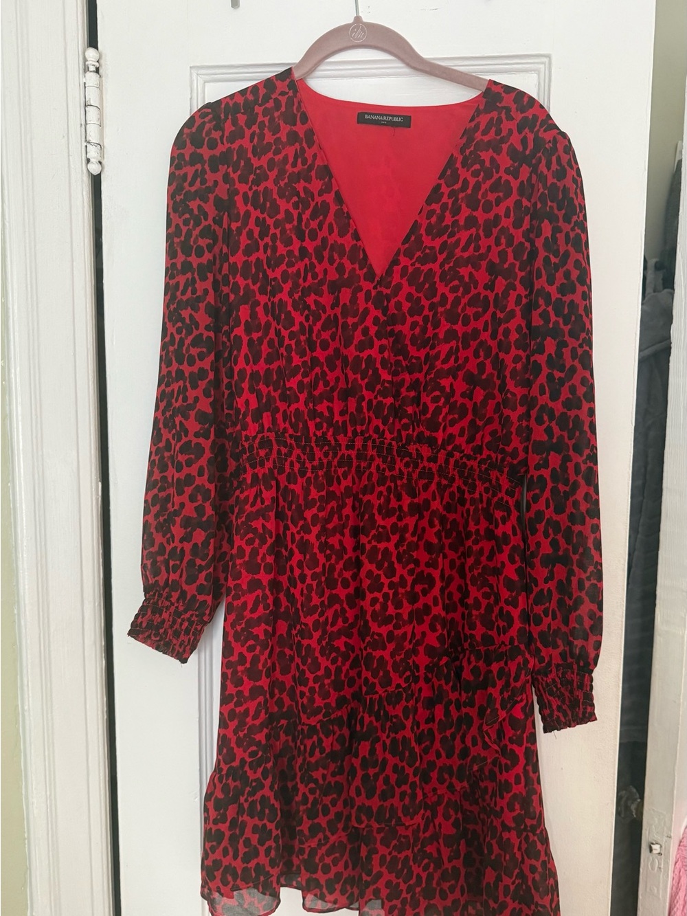 Banana Republic Red and Black Leopard Print V-Neck Dress